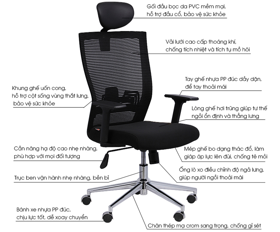 Ghế Trưởng Phòng Chân Thép Mạ Cao Cấp Có Gối IB1011 - Đen Ghế Trưởng Phòng Chân Thép Mạ Cao Cấp Có Gối IB1011 - Đen
